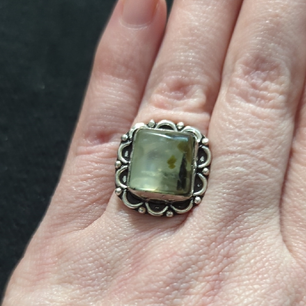 Silver Plated Green Prehnite Gemstone Square Statement Ring - Size 6.25